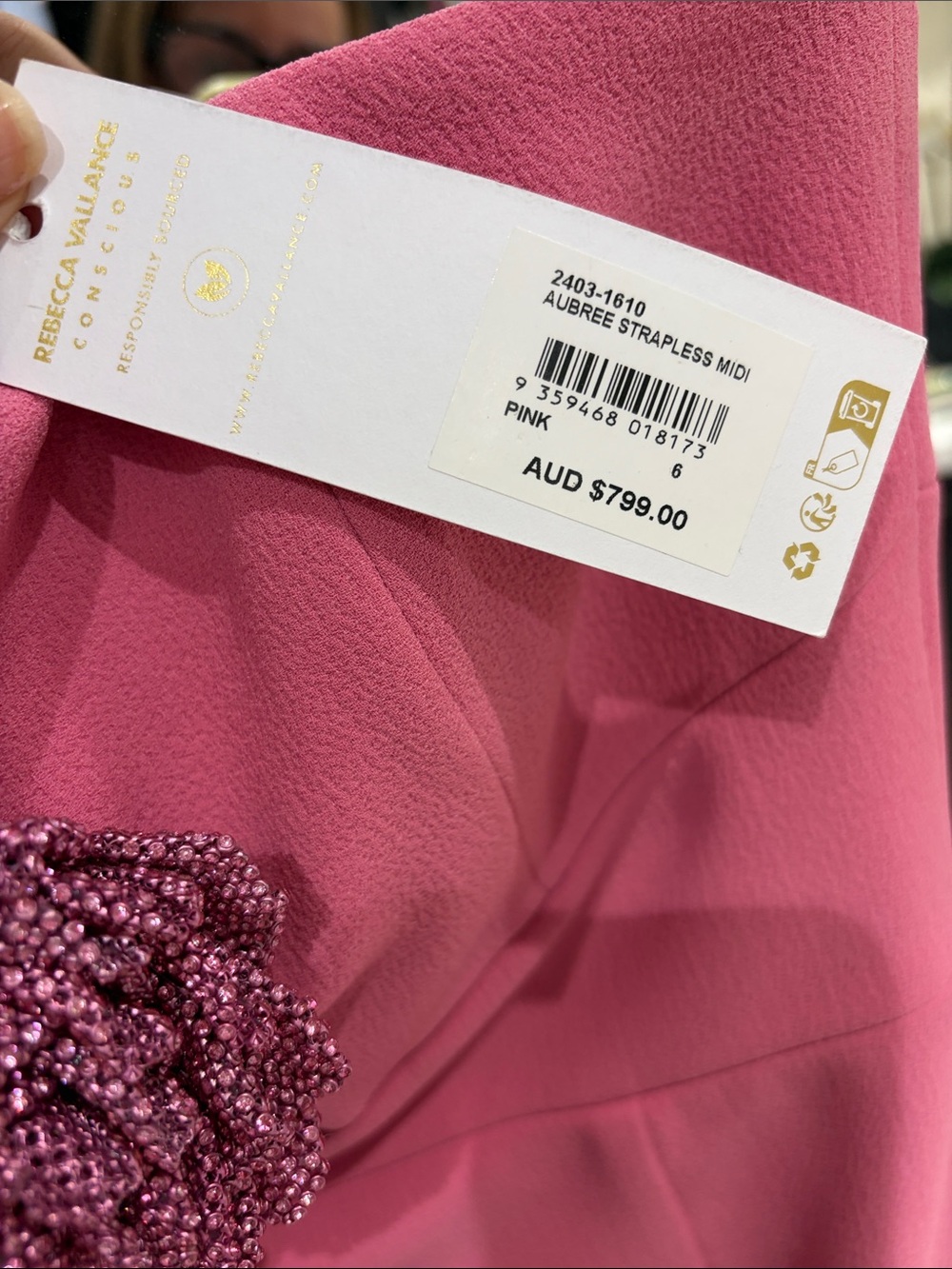 Rebecca Vallance Hot Pink Strapless Midi Dress with Floral Rosette - Picture 2 of 6